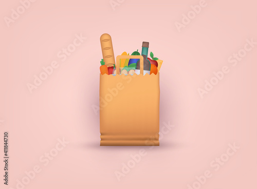 Paper bag with foods. Healthy organic fresh and natural food. Grocery delivery concept. 3D Vector Illustrations.