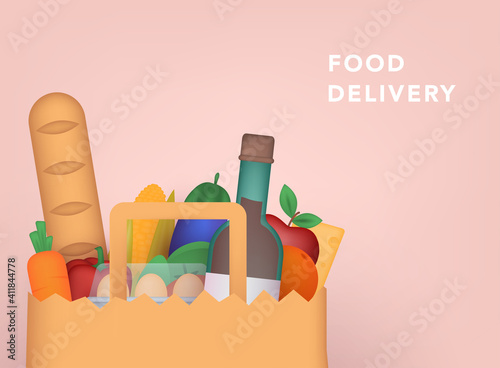 Food delivery. Healthy organic fresh and natural food. Grocery delivery concept. 3D Vector Illustrations.
