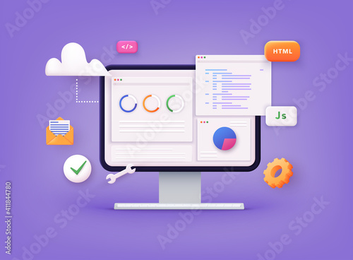 Website programming and coding. Web development and coding. 3D Vector Illustrations.
