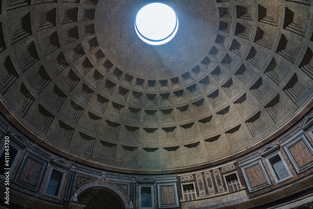 Panoramic view of interior of the Pantheon (temple of all the gods)