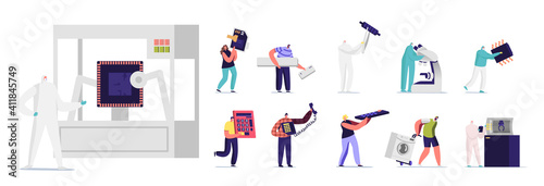 Set of Characters with Machinery. Tiny Men and Women with Huge Sim Card for Mobile Phone, Semiconductor