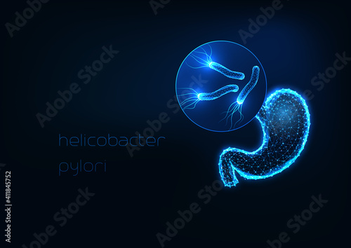 Futuristic stomach inflammation, gastritis concept with glowing low polygonal stomach and bacteria