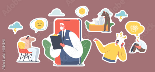 Set Stickers Psychotherapy Helpline, Online Consultation. Depressed Characters and Doctor Psychologist on Mobile Phone