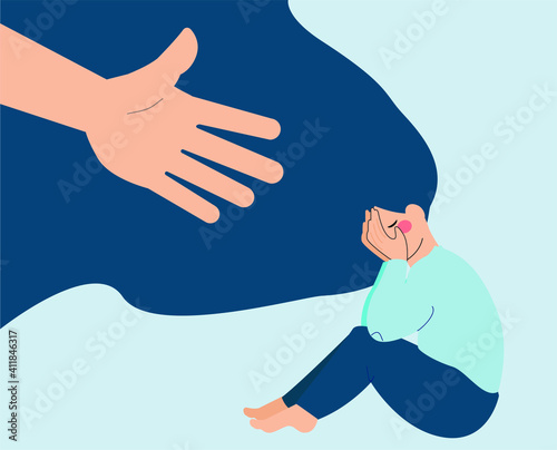 A hand helps a woman to get rid of stress. A young female crying and covering her face. Lonely girl needs support, and care because of depression, anxiety. Mental health concept. Vector illustration.