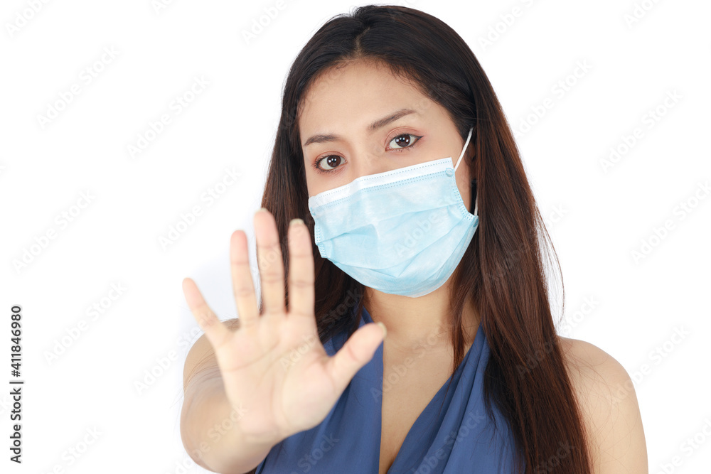 Isolated young Asian woman with long hair wearing a mask has been stressed and anxious from problems caused by the coronavirus covid-19 outbreak on white background. Isolated young Asian woman with long hair wearing a mask has been stressed and anxious from problems caused by the coronavirus covid-19 outbreak on white background.
