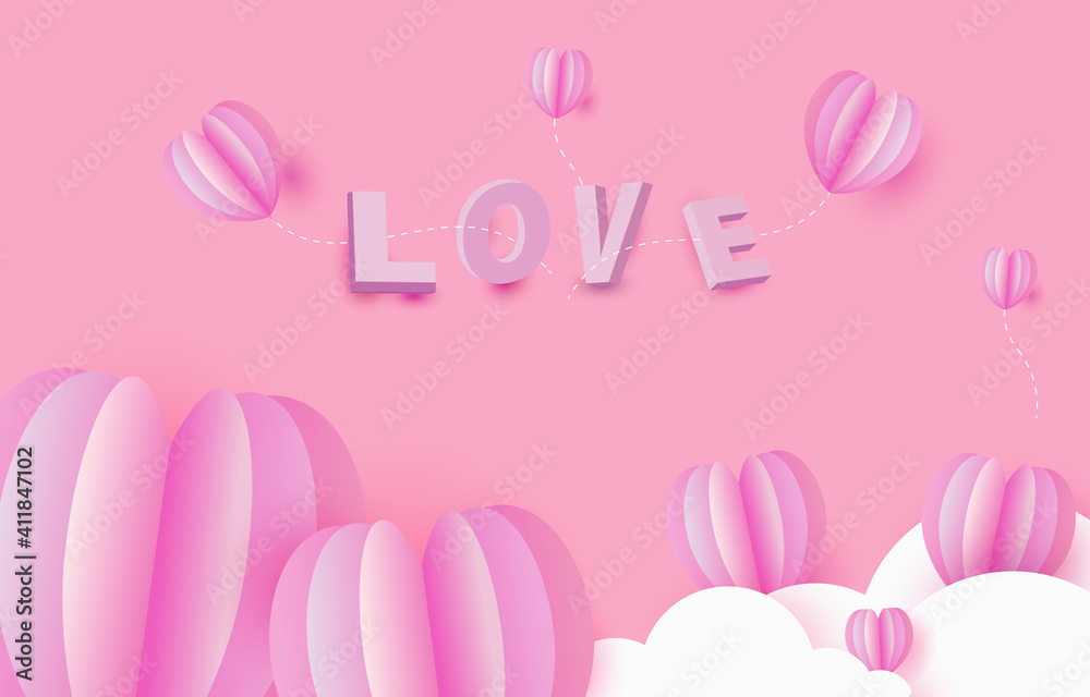 love Invitation card Valentine's day balloon heart on abstract background with text i love you and young joyful,clouds,sun,paper cut mini heart. Vector illustration.