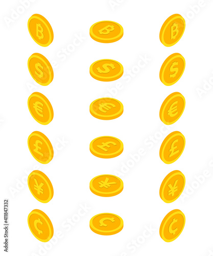 Set of coin icons. Coin dollar, euro, yuan, bitcoin, cent and centavo, pound sterling. Currency symbols in isometric 3d style. Vector