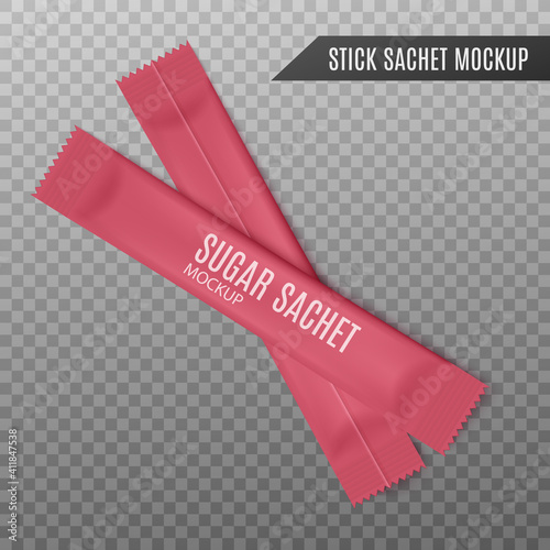 Two red foil sachets, stick packs for sugar packaging a vector 3d illustration