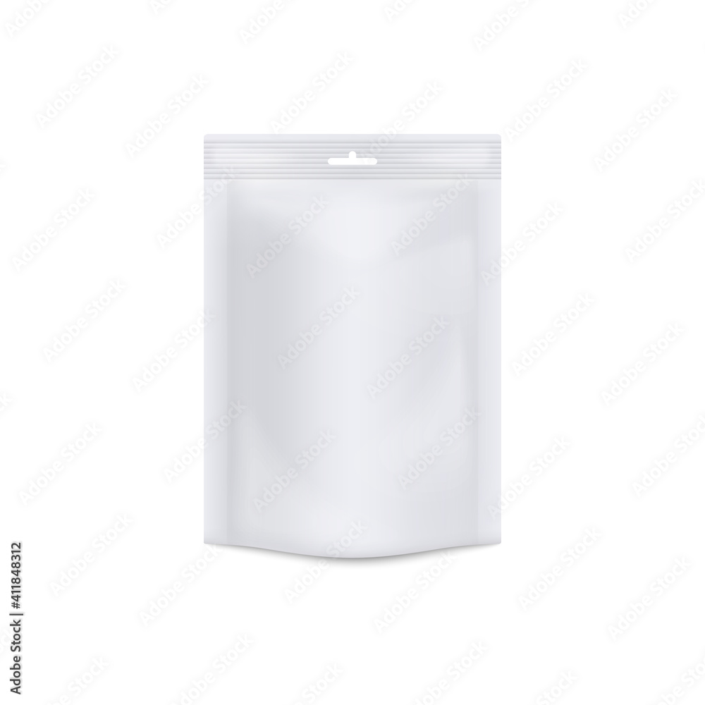 White doy pack mockup - realistic blank plastic bag with sealed edge White doy pack mockup - realistic blank plastic bag with sealed edge