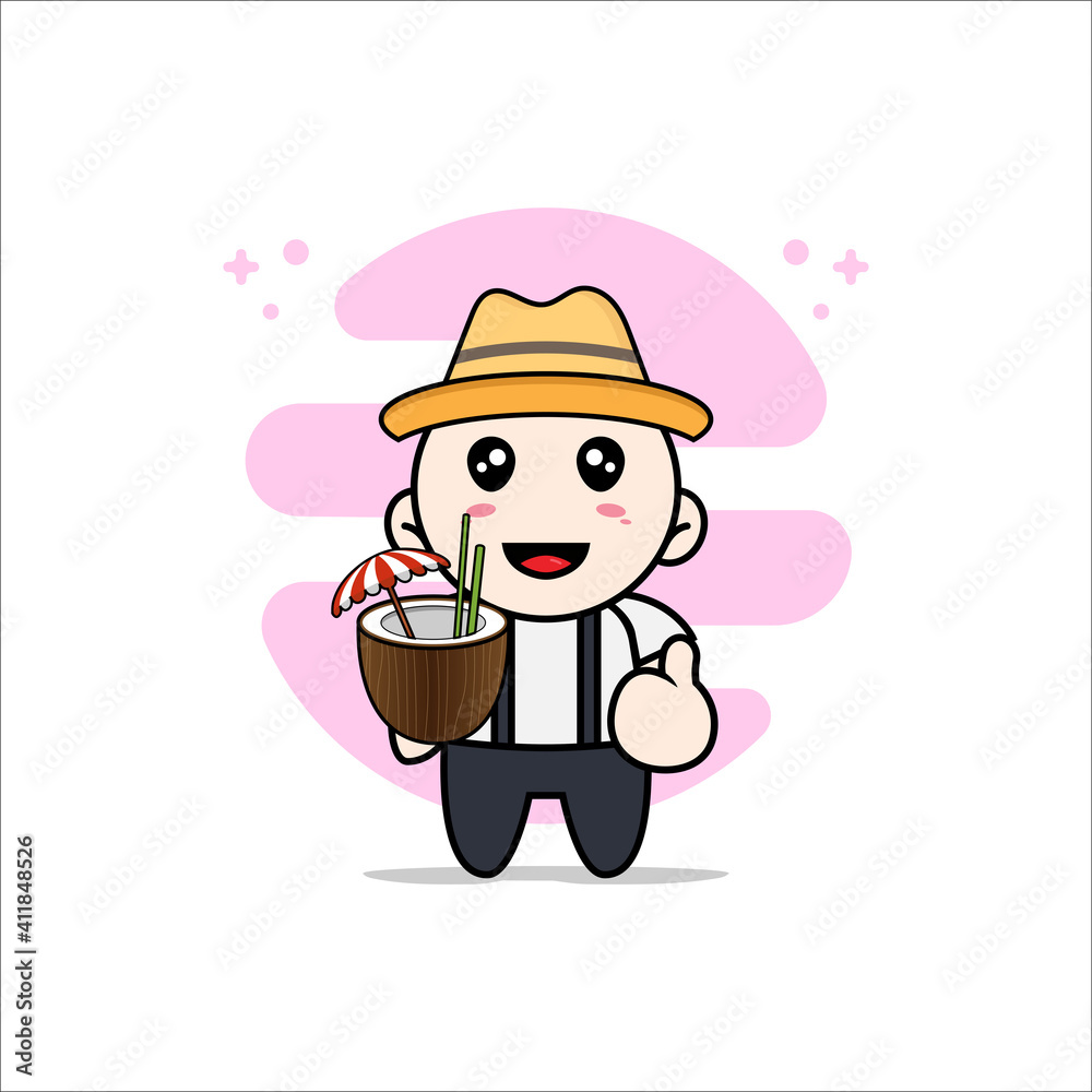 Cute geek boy character holding a coconut ice.