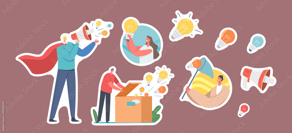 Set Stickers Spread Knowledge Ideas. Male Character Wear Red Superhero Cloak with Loudspeaker, Woman with Light Bulb