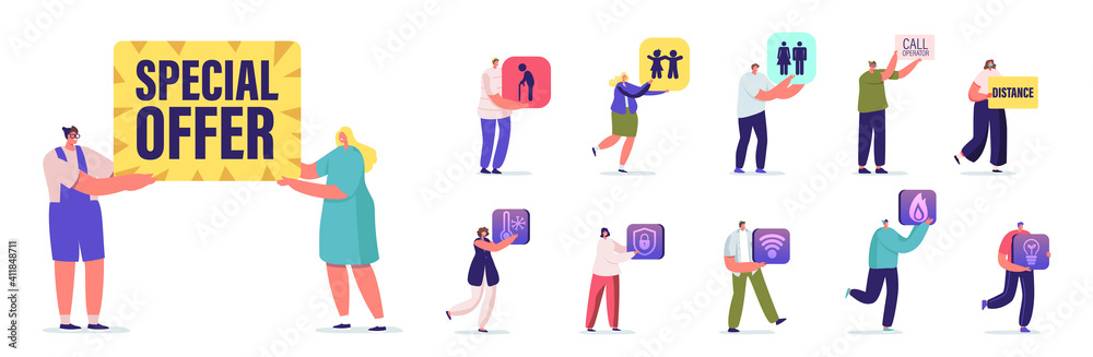 Set People with Banners. Male Female Characters Holding Signboard Special Offer, Senior Person and Kids, Call Operator Set People with Banners. Male Female Characters Holding Signboard Special Offer, Senior Person and Kids, Call Operator