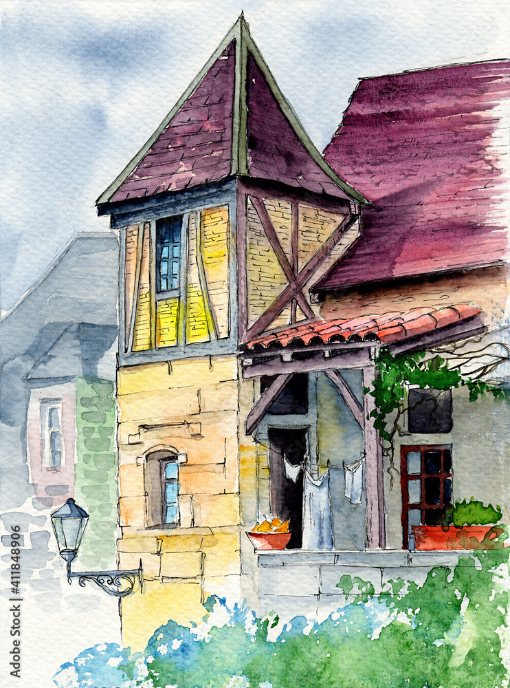 Watercolor illustration of an old European traditional house with a turret and a lantern on the wall
