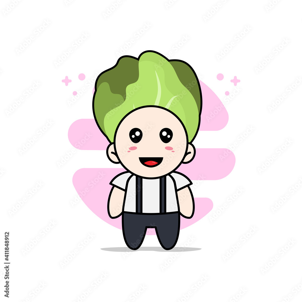 Fototapeta premium Cute geek boy character wearing cabbage costume.