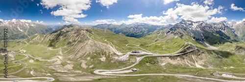 360 aerial panoramic view of serpentine high alpine road in Grossglockner Edelweissspitze in Austria