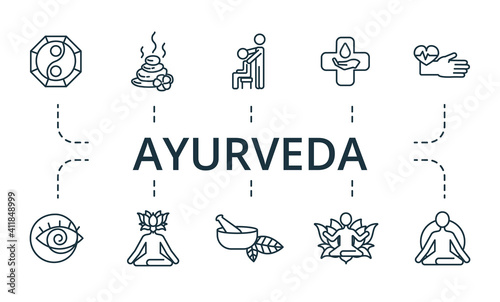 Ayurveda icon set. Collection contain alternative, homeopathy, hypnosis, acupuncture, chiropractic, tai, chi and over icons. Ayurveda elements set.