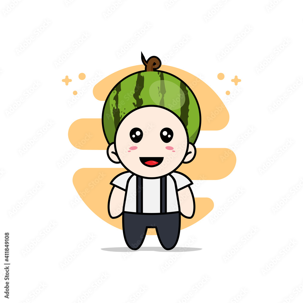 Cute geek boy character wearing watermelon costume. Cute geek boy character wearing watermelon costume.