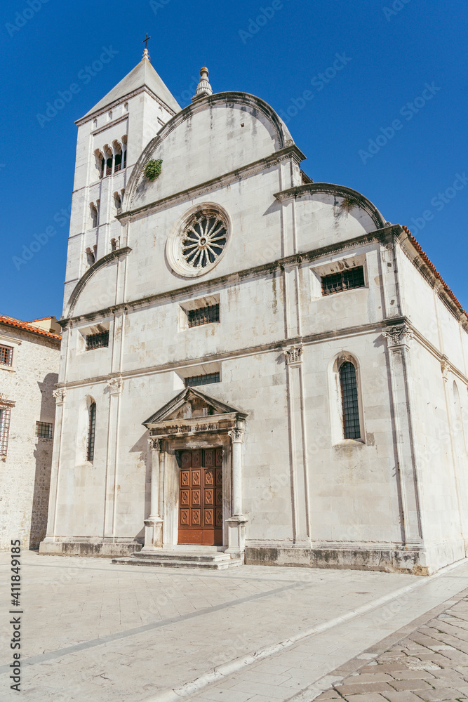 Facade of St. Mary's Church in Zadar old town square in Croatia summer