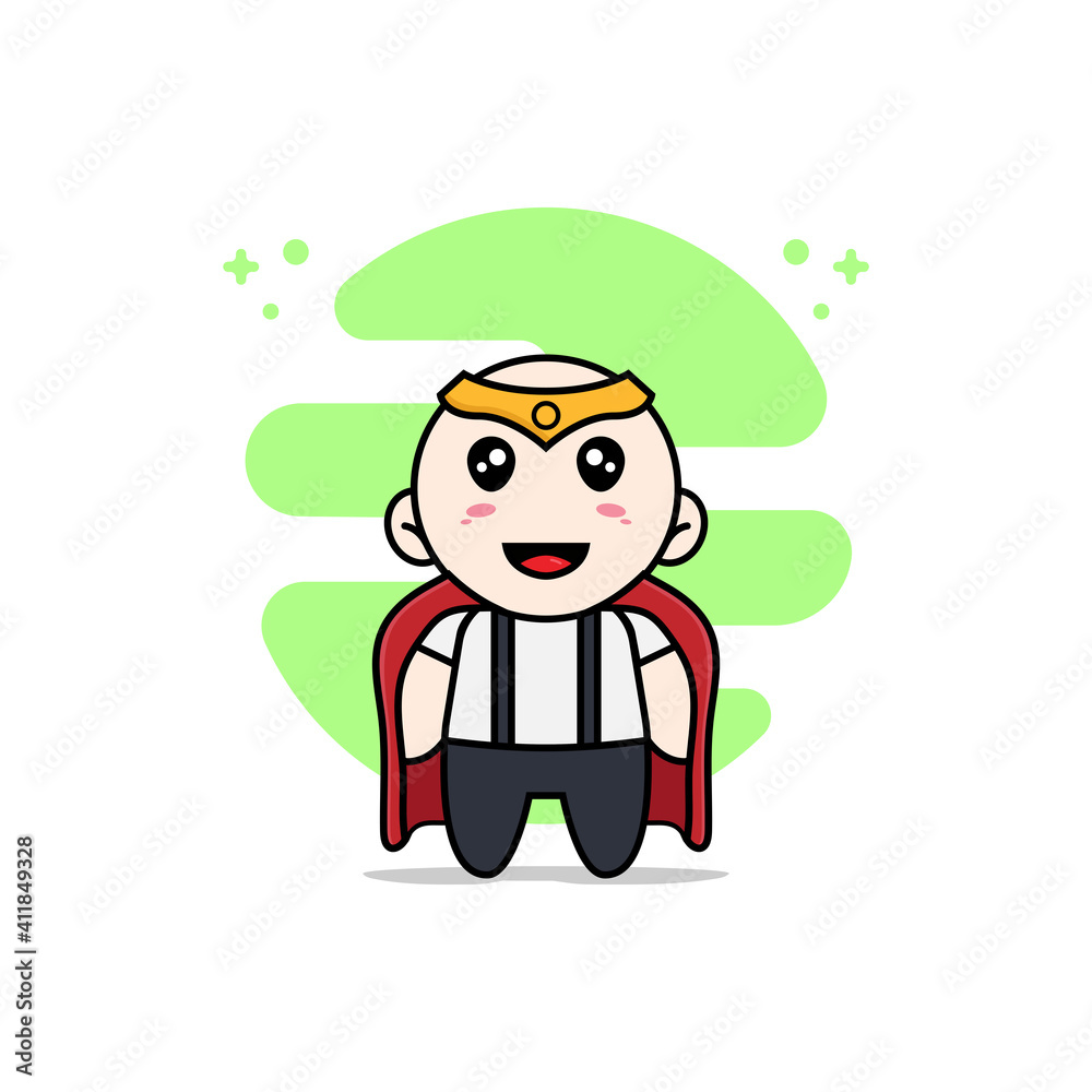 Cute geek boy character wearing superhero costume.
