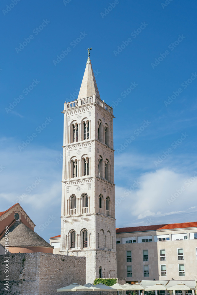 Belltower of St Donatus Church at Old town square in Zadar Croatia