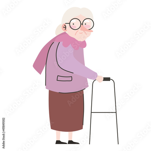 cute grandmother member using walker character vector illustration design