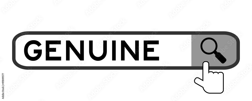 Search banner in word genuine with hand over magnifier icon on white background Search banner in word genuine with hand over magnifier icon on white background