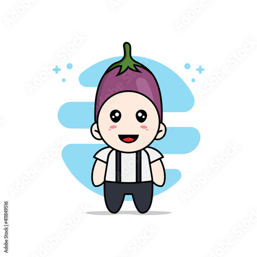 Cute geek boy character wearing eggplant costume. © Turn