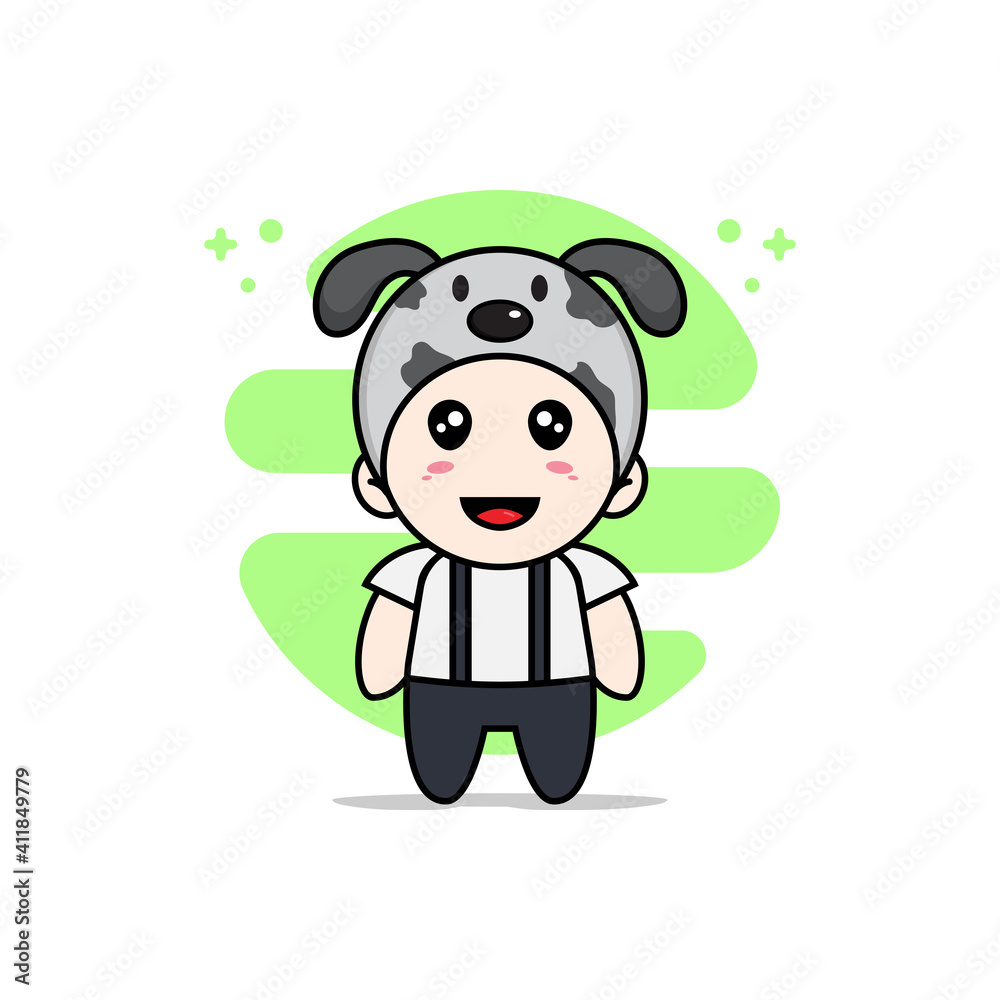 Cute geek boy character wearing dog costume.