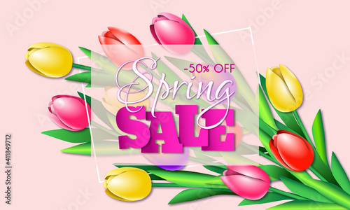 Spring big sale pink banner on pink background. Special offer with limited time