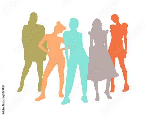 A united community of women of different characters and moods  different styles of clothing and lifestyle. Silhouettes of five women  vector illustration. International Women s Day  8 March holiday.