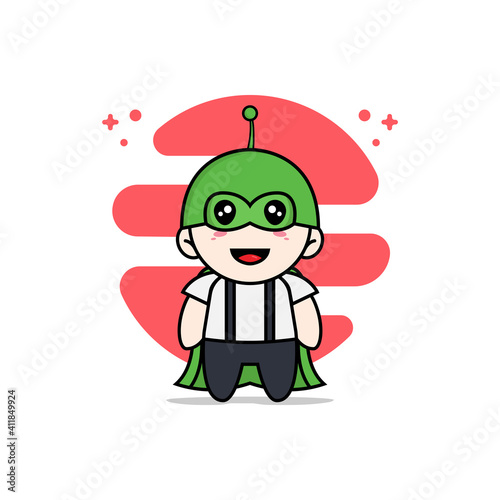 Cute geek boy character wearing superhero costume.