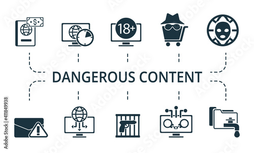 Dangerous Content icon set. Collection contain cyber, hitman, illegal, weapon, brute, force, attack, crime, adult, content, daily, internet, fraud and over icons. Dangerous Content elements set.