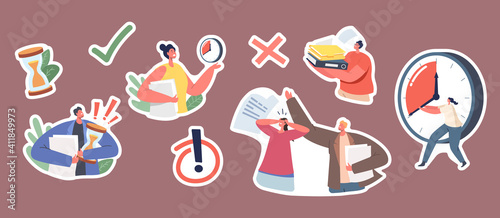 Set of Stickers Urgent Work. Stressed Business Characters with Much Paperwork, Woman with Alarm Clock, Man with Docs