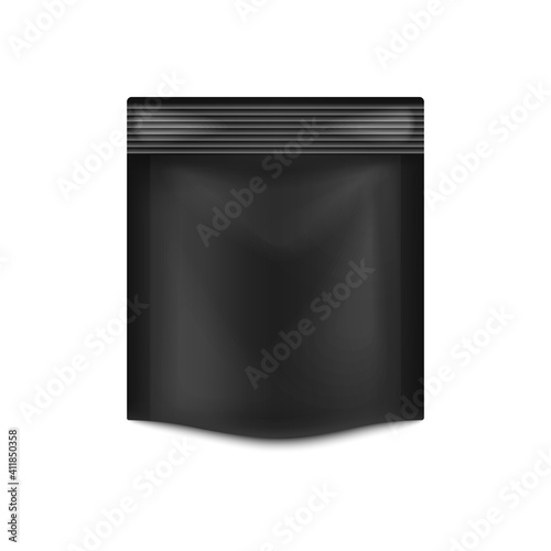 Black stand up pouch pack, realistic plastic packaging bag mockup