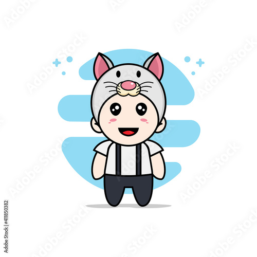 Cute geek boy character wearing mouses costume.