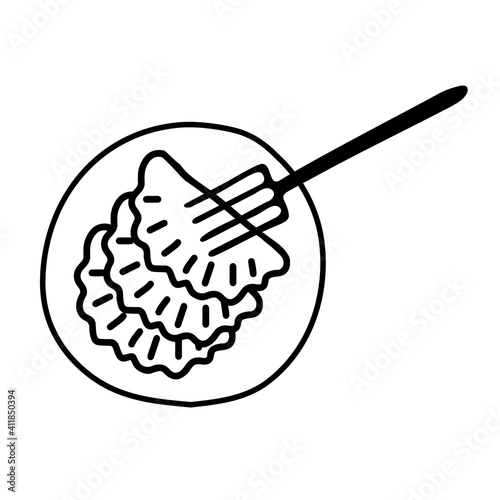 Black hand-drawn outline vector illustration of a group of hot chebureks or dumplings on the plate with a fork isolated on a white background for holiday or dinner for cooking book