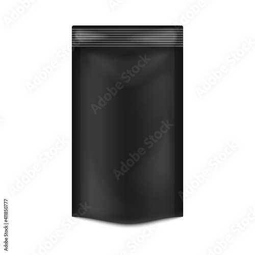 Doypack - black foodstuffs pouch from foil or plastic a vector 3d illustration
