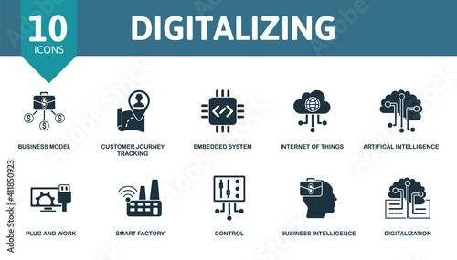 Digitalizing icon set. Collection contain mobility, business model, customer journey tracking, embedded system, internet of things and over icons. Digitalizing elements set.