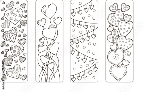 Set of four bookmarks with black and white doodle art with hearts.