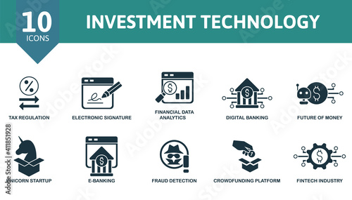 Investment Technology icon set. Collection contain online loan, tax regulation, financial data analytics, digital banking, future of money and over icons. Investment Technology elements set.