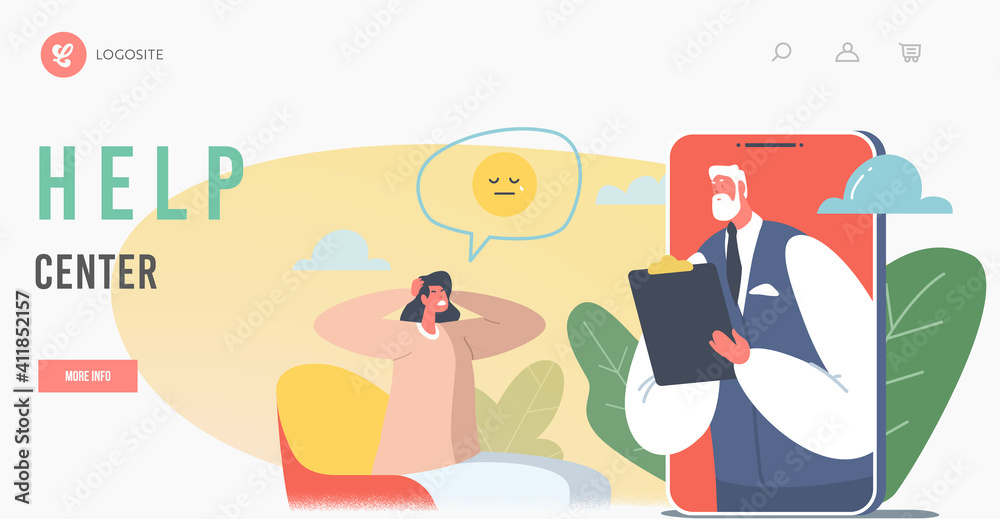 Psychotherapy Help Center, Online Consultation Landing Page Template. Doctor Psychologist Character Listen Patient Psychotherapy Help Center, Online Consultation Landing Page Template. Doctor Psychologist Character Listen Patient