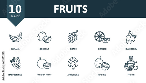 Fruits icon set. Collection contain garnet, banana, coconut, grape, orange and over icons. Fruits elements set.