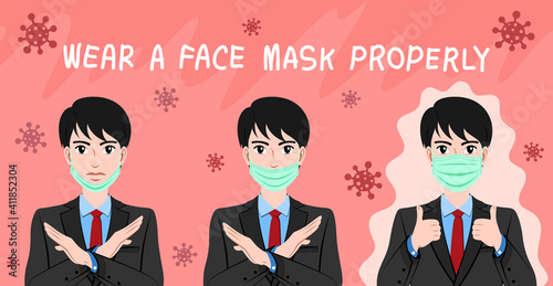 Vector cartoon portrait young male wearing medical face protective mask correctly and wrong. Health care concept to avoiding air pollution or illness and virus illustration isolated on background.