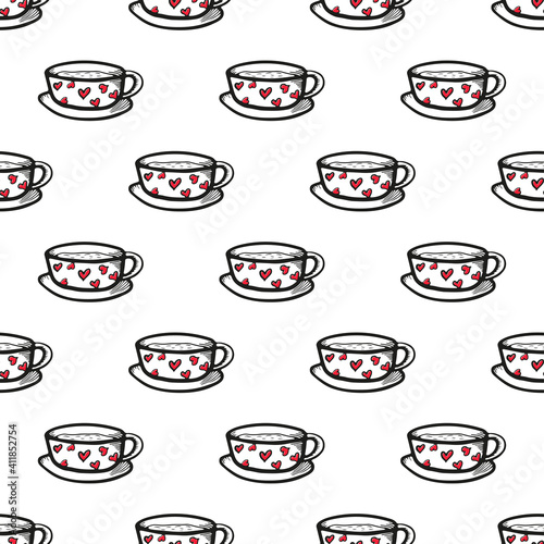 Black contour tea cups with saucers and red hearts isolated on a white background. Cute seamless pattern. Ink sketch drawing. Vector flat graphic hand drawn illustration. Texture.