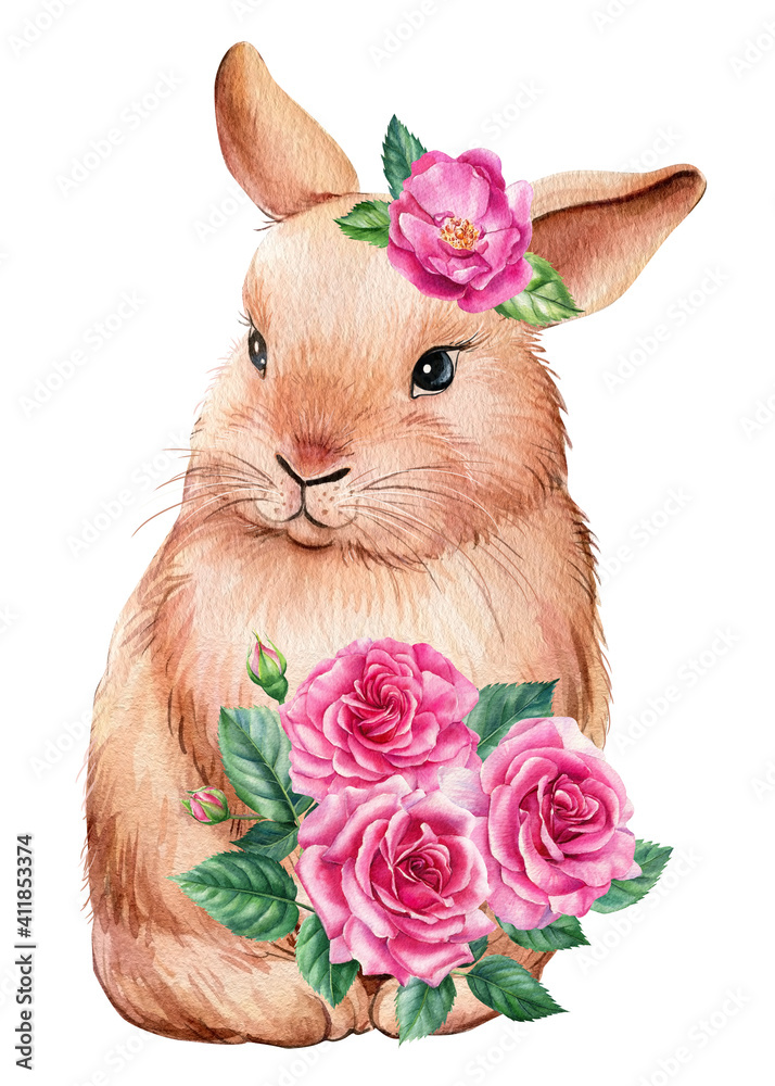 Obraz Bunny with pink flowers on white isolated background, watercolor illustration