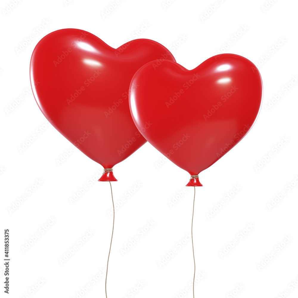 balloons in shape of heart, red, valentine's day, isolated on white background, 3D render