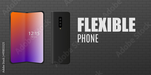 Flexible screen phone on backdrop of brick wall, realistic vector illustration.