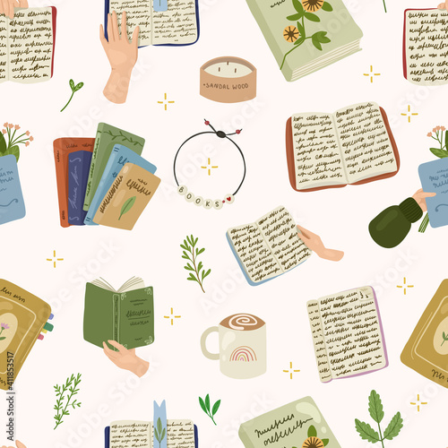 Colored books seamless pattern with leaves,candle,coffee and hands that hold the books. Reading vector hand drawn illustration.
