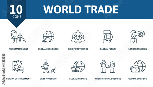 World Trade icon set. Collection contain development solution, risks management, global economics, eye of providence, global forum and over icons. World Trade elements set.