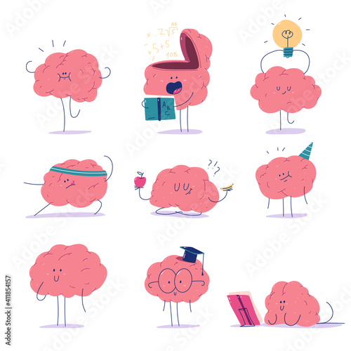 Cute brain vector cartoon characters set isolated on a white background.